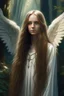 Placeholder: A realistic portrait of an Angel with long Aubern hair and white wings standing in a forest