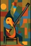 Placeholder: a jazz guitar player sitting on a stool in the style of Paul Klee