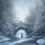 Placeholder: fantasy art of close up on big wolf and a wizard walking under very tight tree bridge over icy water