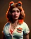 Placeholder: Portrait, waitress woman with monster muppet mask that covers her entire head, retro style, Sesame Street style, glow, smooth, unreal engine 5, god lights, ray tracing, RTX, lumen lighting, ultra detail, volumetric lighting, 3d.