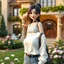 Placeholder: A macro 3D render of a cute, lovely lady with modern clothing is posing in yard of a luxury villa next to flowers. High-quality CGI, octane render, 8k resolution, whimsical, adorable, clean composition. long shot ,4:3