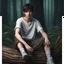 Placeholder: thin 17 year old male with short dark hair and blue eyes wearing a ripped and dirty white teeshirt sitting on a log , photorealistic, 4k, dark fantasy