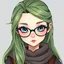 Placeholder: young female wizard with glasses and commoner clothes, long hair with green highlights, blue eyes