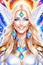 Placeholder: cosmic woman angels smile, admiral from the future, one fine whole face, crystalline skin, expressive blue eyes,rainbow, smiling lips, very nice smile, costume pleiadian, Beautiful tall woman pleiadian Galactic commander, ship, perfect datailed golden galactic suit, high rank, long blond hair, hand whit five perfect detailed finger, amazing big blue eyes, smilling mouth, high drfinition lips, cosmic happiness, bright colors, blue, pink, gold, jewels, realist, high commander,ufo rainbows