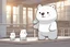 Placeholder: cute fluffy chibi ice bear on an exhibition room with stands in sunshine