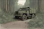 Placeholder: Military truck on a road, forest, overgrown apocalyptic, comic book,
