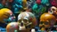 Placeholder: a picture of a dark, comedic, anatomically correct wall of colorful tightly packed skulls of varying sizes and expressions, photo realistic, insanely meticulous, highly detailed, part of a collection of bones on display, 64k, dystopian, vray