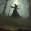 Placeholder: franz frazetta style, witch lurking in the forest clearing, dusk