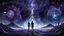 Placeholder: abstract 2d digital art graphic and ink montage,. Deep dark purple ,galaxy background with nebulas, human nervous system with fade little lights , white-dark blue-pale gray and black colors, Clean composition with strange surreal vibe, emotional, abstractions, neurodivergens soul and mind, cinematic, thriller, four little human dark shilouette floatings in universum
