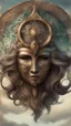 Placeholder: create a full color ink wash and watercolor illustration of a richly patinaed bronze female druid ceremonial mask utilizing historic Celtic decorative motifs, intricately detailed and sharply defined in the style of Arthur Rackham