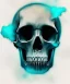 Placeholder: realistic skull. watercolor and ink. black background. smoke and explode. particles in air. teal and orange