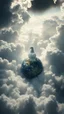 Placeholder: White Dove above swirling clouds, emerges from the heart of a raging storm. Turbulent winds of steam swirl around the iconic structure, lit by shafts of sunlight that cast dramatic shadows on the A large planet Earth hovering by over the clouds, another high planet waiting to collapse with planet earth , High quality 16k cinematic scene and great photography