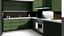 Placeholder: kitchen with celadon and dark red furniture, on the left side by the window from the bottom up, a microwave and an oven installed in the furniture, and on the right side and next to it an induction hob and a cooker hood above it, on the right side there is a sink and a dishwasher underneath it