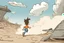 Placeholder: mostly sky, ground line at bottom, small cartoon character running towards the right side, leaving behind a cloud of dust. style of looney toons cartoon