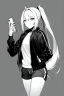 Placeholder: blonde girl with ponytails dressed in a jacket and shorts use cell phone's flashlight to get some light in the dark, greyscale