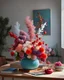 Placeholder: november very sunny day at 10 a.m. volumetric lightning, professional studio photography with Leica Hermes Edition M7 camera of intricate qwilling floral bouquet in a metamodernist knit vase on brutalist knit table, overloaded and sophisticated composition, contemporary urban art gallery context, hyper detailed, hyperrealistic, intricate details. inspired by Wassily Kandinsky, Benetton and Bruno Munari. Eye-catching, vivid, product-focused, sharp focus, extravagant.