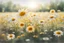 Placeholder: smiling faced daisy flowers playing football in sunshine, styles of Paul Klee Dee Nickerson and Tim Burton, melting watercolor and black ink outlines on wet paper, soft, shading strokes, in sunshine, ethereal, cinematic postprocessing, bokeh, dof