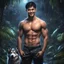 Placeholder: Hyper Realistic handsome shirtless muscular short black hair young man with wet chest smiling & standing with his black husky in a dark mystical jungle at rainy night with glowing crystals