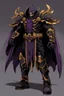 Placeholder: Fry grim reaper knight hero with black wings and cool black plate armor trimmed in gold and purple with a flowing black cape but with a handsome human vampire face