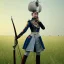 Placeholder: female line infantry, napoleonic, armed with musket, feminine corset, ankle boots, thighhigs miniskirt, hair in pigtails, wearing tricorn hat, opera mask, full body shot, standing in field, looking into distance, hyperrealism photorealistic, detailed elaborate