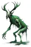 Placeholder: wendigo green fur slightly hunched over with deer skull covering head and face, fingers ending in claws with long arms reaching knees which bend backwards, eyes that are sunken back, full body image