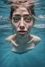 Placeholder: Artwork of t-shirt, Wide angle, half of face on water surface of a woman eyes are full of tears in swimming pool. Broken heart, sadness, down deep