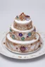 Placeholder: Art product photo, jewelry art, a cut piece of cake made of precious metals, decorated with precious stones and pearls on a white porcelain plate, realistic --s 30