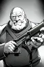 Placeholder: old man behind the aiming with a shotgun, greyscale