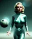 Placeholder: Ultra Realistic retro sci-fi 1960 scene, waist up view portrait, blonde woman, sweet young Marilyn Monroe face, perfect iris, tight latex coat, alien planet background, tight style, steel sphere dron levitating, fog, rain, soft color, highly detailed, unreal engine 5, ray tracing, RTX, lumen lighting, ultra detail, volumetric lighting, 3d, finely drawn, high definition, high resolution.