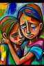 Placeholder: a girl hug her brother and both crying sadly, expressionism, Pixar style, in abstract art Basquiat, Picasso, Miro, Kandinsky, Klee, Birell, Fairey, Ardon, Buffet and Picasso style, HD --s 750 --v 5.1 --style raw, water color