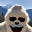 Placeholder: Yeti, wildfires in the background, mountains