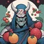 Placeholder: [mexican comics Head Lopper style by Andrew MacLean] ninja with fruits all over his face, cutting them with fury