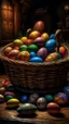 Placeholder: Bosch nightmares paining style Title:a basket full of colourful Eggs , 8k artistic photography, photorealistic concept art, soft natural volumetric cinematic perfect light, chiaroscuro, award-winning photograph, masterpiece, oil on canvas, Raphael, Caravaggio, Greg Rutkowski, people, beksinski, Giger