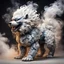 Placeholder: foo dog with curly white fur, smokey breath and fire, a long tail, moving forward towards viewer, wrapped in smoke