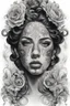 Placeholder: A realistic drawing in negative space black ink on white background of a beautiful women with face tattoos to enhance her face in a mirror baroque with very defined and correct details and brushstrokes smoke around it