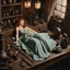 Placeholder: [seen from above, high res photoby Ray Harryhausen] a beauty asleep in the bedroom of the tavern, her weapons on her side, she wears light linen