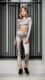 Placeholder: satin leggins, lycra leggins, satin top, lycra top, short wavy bob haircut, 8 year old girl, young girl, fashion pose, lens 80 mm, dof