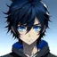 Placeholder: Teenage boy, medium length black hair that is in small dreadlocks, blue eyes, black skin, charming, black boy, anime style, anime,