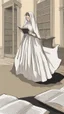 Placeholder: A woman wearing a veil and a wide skirt, and pictures from behind, is reading a book