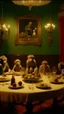 Placeholder: frame from a Wes Anderson film, full shot of the monkey family at a delirious celebration dinner in the Garden of Earthly Delights, small electric light bulbs on the table, birds on the table, grapes hanging, elegant and perfect composition