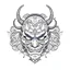 Placeholder: White, minimalis line art , oni mask japanes , vector, white background, outline, with images neatly contained within the background, just black and white color, tatto style.