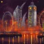 Placeholder: A monkey playing the drums, london skyline at night, oil painting