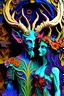 Placeholder: "Satyr Union"; surreal Satyr and Nymph couple wearing colorful Royal wedding attire made with quilling found in nature; Avant-garde