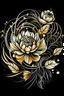 Placeholder: Create a captivating modern 2d black and gold ink tattoo design for print , prestigious Divine Floral using the elegant influences of japan art style, for print, dynamic elements from fashion and design, and bold Japanese contemporary art aesthetics, framing centered in the center, distanced from the edges of the paper perimeter, perfect anatomy, bauhaus, Divine Proportion,