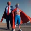 Placeholder: realistic image of donald trump as a mexican wrestling fighter posing outdoors, Mexican eyes wrestling mask, red and blue breeches, confederate flag cape, retro style, 80s, vibrant color, highly detailed, sky background, concept art, unreal engine 5, god rays, ray tracing, RTX, lumen lighting, ultra detail, volumetric lighting, 3d, finely drawn, high definition, high resolution.