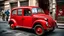 Placeholder: Un enorme elefante adulto intentando acomodarse dentro de un pequeño Fiat 600 clásico de color rojo, con el cuerpo comprimido de manera casi imposible en el diminuto habitáculo, la cabeza y la trompa asomando por las ventanillas abiertas, las patas ocupando completamente el interior. El automóvil permanece estacionado en una calle europea antigua y estrecha, mientras varias personas adultas observan la escena con expresión de desconcierto. Fotografía hiperrealista, perspectiva ligeramente gran a