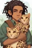 Placeholder: Eleven-year-old mulatto male sorcerer, with wavy black hair tied in a braid, hazel eyes, riding on the back of a giant furry leopard cat