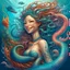 Placeholder: mystical, mermaid with long curly fancy flowing hair. Riding a seahorse with a happy face and a swirly main, all in pastel coors, Marine life Background. perfect facial features. Hyperdetailed, photorealistic