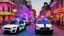 Placeholder: A police Tesla Cybertruck is chasing a Tesla 'Model S Plaid' at top speed, Bourbon Street, in New Orleans. CINEMATIC. WIDE ANGLE LENS.