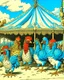 Placeholder: A blue circus with fast chickens designed in Hawaiian tiki statues painted by Katsushika Hokusai